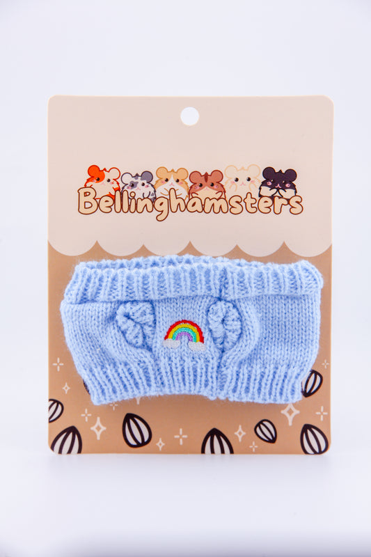 Powder blue Rainbow Sweater for Bellinghamsters plush with embroidered rainbow and clouds