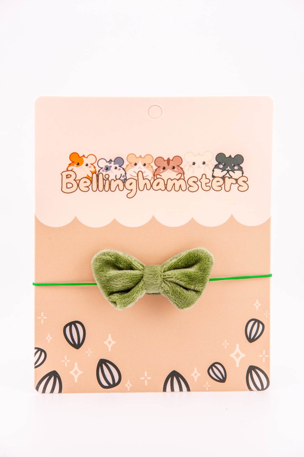 Moss green velvet bow accessory for Bellinghamsters plush worn as a hair bow